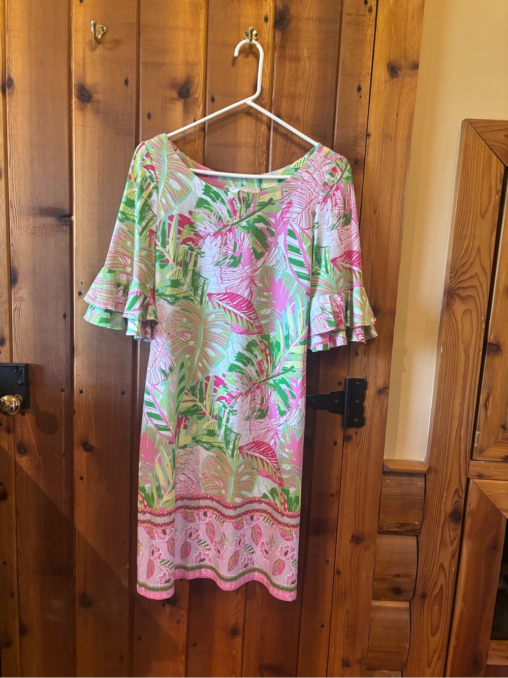 Floral Tropical Flutter-Sleeve Midi Dress in Pink and Green